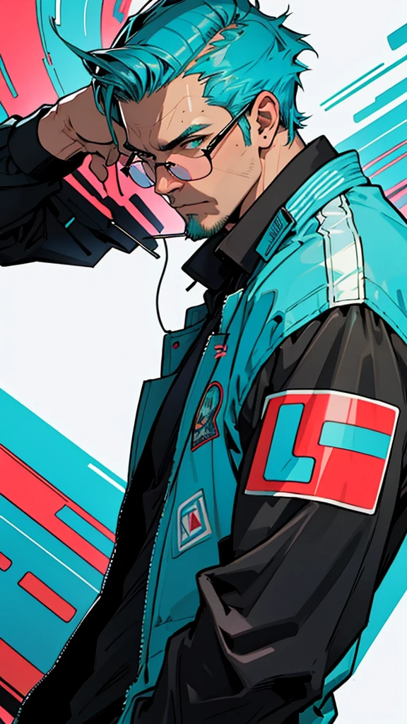 A handsome man with headset, black shirt, and glasses, aggressive digital illustration, blue and turquoise, 85 new wave, hyper-detailed illustrations, colorful moebius, pulled, scraped, and scratched, neo-pop iconography