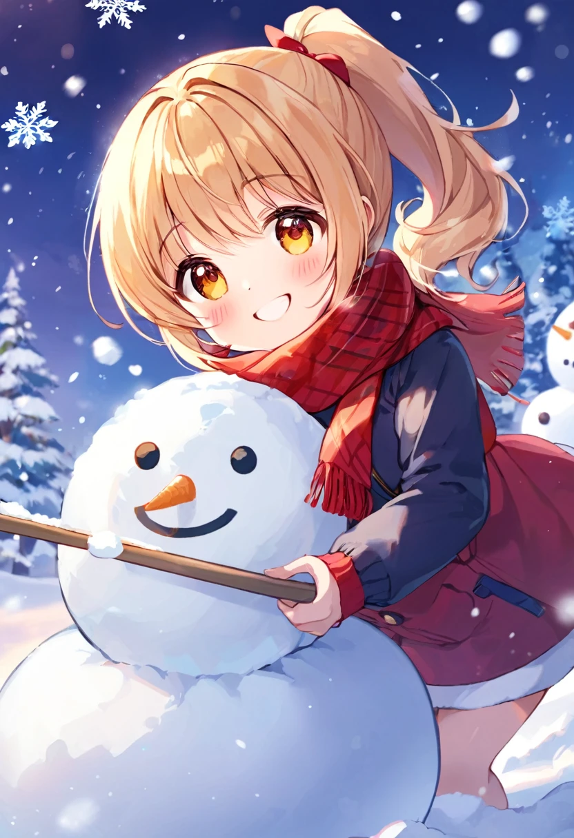 Highest quality、High resolution、Detailed Background、Beautiful face in every detail、Teenage beauty、cuteカラーの髪色、ponytail、Bobcut、cute髪型、cute仕草、A big smile、smile、
A  is having fun making a snowman in the snow、The big snowball the girl was holding、Snowman hats, scarves and other accessories、A girl shovels snow and throws it、Trying to catch the falling snow、Girl having a snowball fight with friends in the snow、The falling snowflakes are adorable.、cute