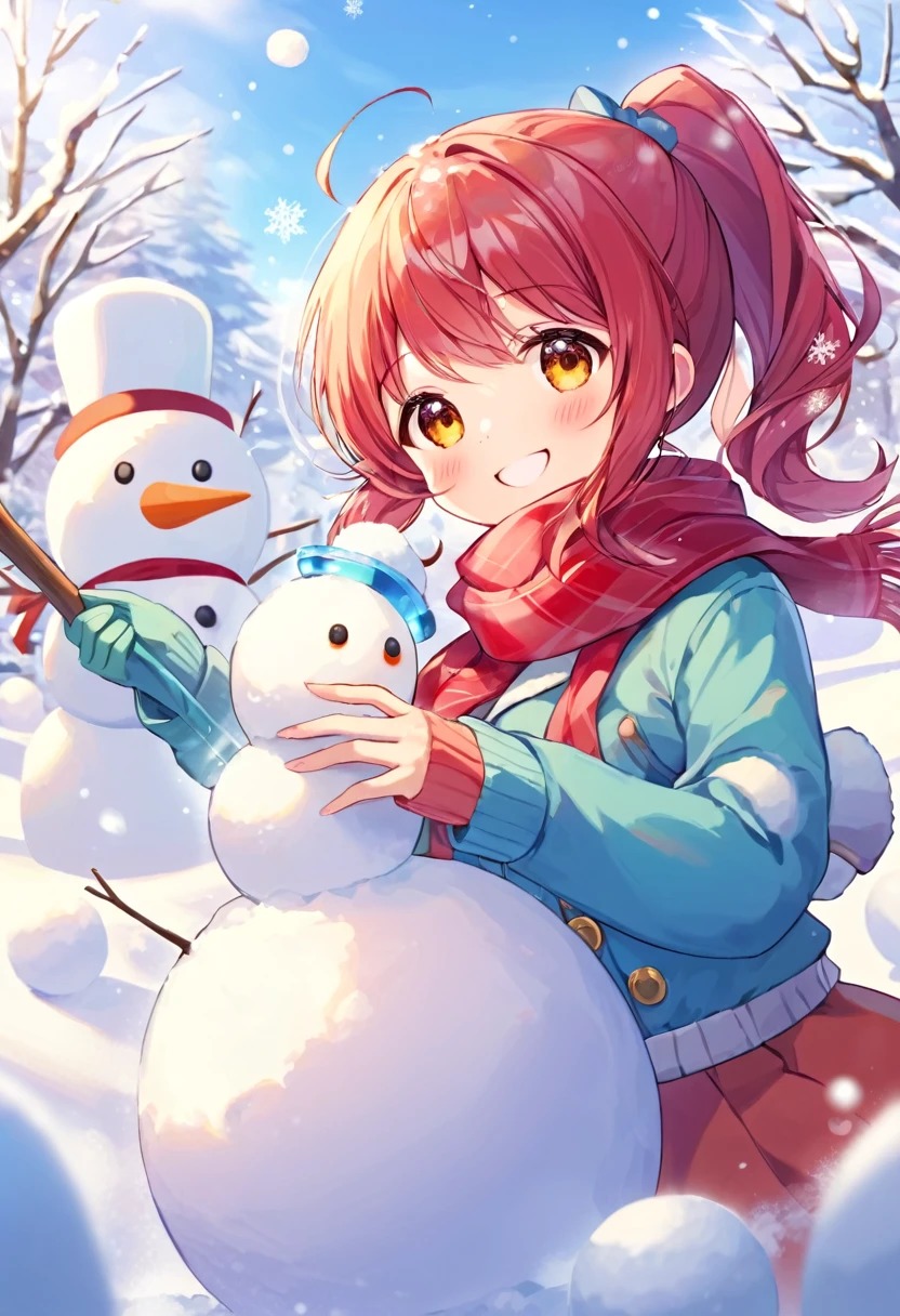 1girl, solo, dog, hood, animal ears, pantyhose, mittens, open mouth, brown eyes, skirt, snow, rabbit ears, animal hood, pink gloves, smile, plaid, red hair, short hair, coat, :d, plaid skirt, hoodie, snowman, black pantyhose, Old Version, <lora:Misaki Kurehito_XL:0.8>
