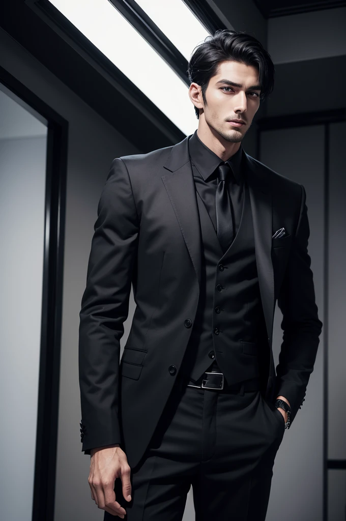 Brunette man with torn suit all injured in combat mode black background