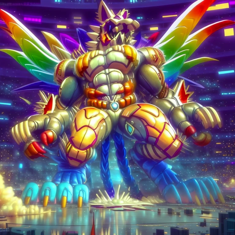 (masterpiece. official art. 8k. best quality. detailed full body. full body.)

(situation 1 : dominating The Phoenix Wolf. The Phoenix Wolf is over 1000 meters long. focus GIANT mechanical Muscular The Phoenix Wolf is trampling the car. Looking down.)

(situation 2 :smoke and flames rising from the destruction in the city)

(Additional details 1: Wearing GOLDEN Armor. Cape. Helmet. real texture material. whole body shines like metal. emphasizes the muscles. suit fully made of metal.Robotic suit).

(Additional details 1.5: The arms are golden. The lower half of the body is golden. The wolf-shaped helmet has sharp fangs. The whole body is golden.).

(Additional details 2: Detailed head. Detailed Body. Detailed abs. gigantic muscles. HYPER MUSCLES. Gigachad Muscular. big muscle. pecs. triceps. traps. unusually developed muscular body. body full of huge muscles. showing off muscles. pectorales enormes. Exaggeratedly huge muscles. huge muscles. long legs.).

(Additional details 3: nj5furry, Spread wings. It has wings. The claws are sharp. Sharp teeth.). He is laughing defiantly. The claws are sharp. Sharp teeth.). He is laughing defiantly. 

(Additional details 4: golden dick, golden cock, golden hyper penis. hyper black penis. big penis)
(Additional details 6 : Spraying hyper cum up everywhere into the sky from his erect penis. wide spray of cum, covered in cum, cum splashing in front of camera, crowd of naked muscular male spectators, bukkake, City is under a thick later of cum.)