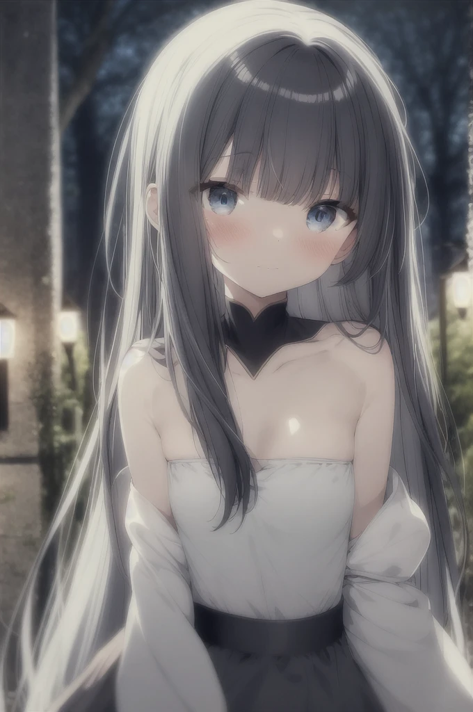 1girl, bangs, bare shoulders, bare tree, blue eyes, blurry, blush, breasts, closed mouth, dress, frilled sleeves, frills, long hair, long sleeves, looking at viewer, night, off shoulder, outdoors, small breasts, solo, tree, very long hair