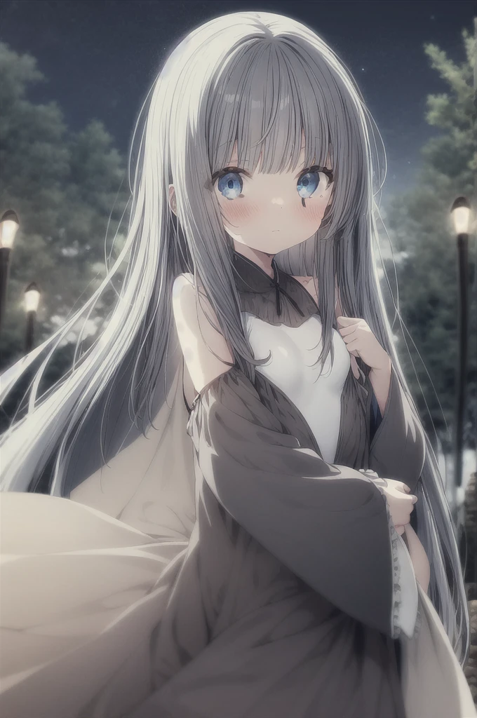 1girl, bangs, bare shoulders, bare tree, blue eyes, blurry, blush, breasts, closed mouth, dress, frilled sleeves, frills, long hair, long sleeves, looking at viewer, night, off shoulder, outdoors, small breasts, solo, tree, very long hair