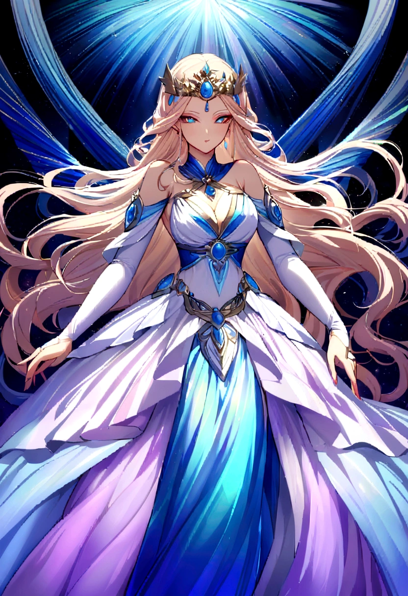Female Dragon Ball Magic Deity mystical elegance. Her skin radiates a faint, pearlescent glow, hinting at her divine nature. Long, flowing hair the color of starlight cascades down her back, adorned with intricate runes that shimmer faintly with magic. Her eyes, pools of deep azure, hold galaxies within them, reflecting her profound wisdom. She wears a flowing, iridescent robe that seems to shift through various hues depending on the light, embroidered with arcane symbols that pulse with power.