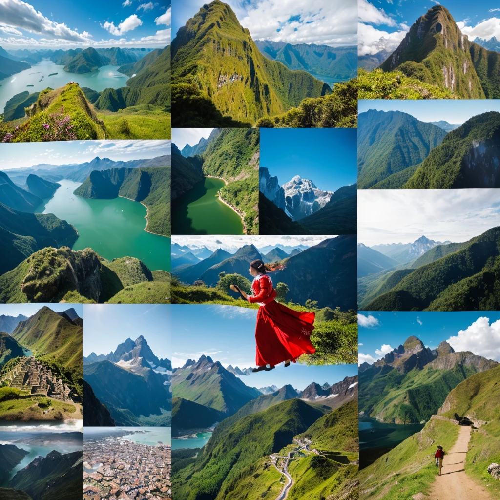 an image that represents the geographical and cultural diversity of Peru. For example, You could include a collage with images of representative landscapes of the coast, Peruvian mountains and jungle, along with cultural elements such as typical costumes, traditional dances or national symbols of Peru.