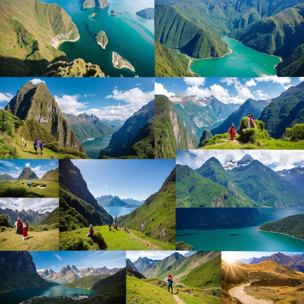 an image that represents the geographical and cultural diversity of Peru. For example, You could include a collage with images of representative landscapes of the coast, Peruvian mountains and jungle, along with cultural elements such as typical costumes, traditional dances or national symbols of Peru.
