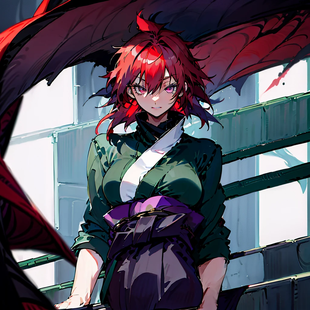Female anime character, long red hair, plum eyes, with a dark glow, she wears a dark green short kimono and thigh-high stockings