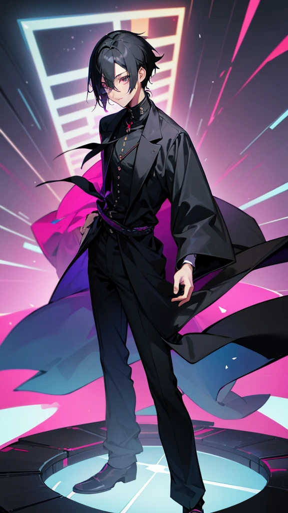 timochal2023, 1 men, happy black hair, o Matrix, anime clothes,the eyes, Nerd,fully body, brawny