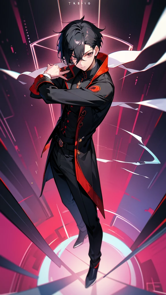 timochal2023, 1 men, happy black hair, o Matrix, anime clothes,the eyes, Nerd,fully body, brawny