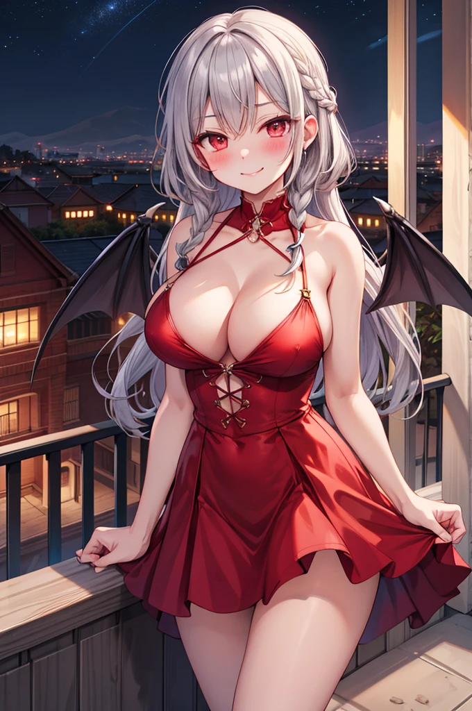 masterpiece, Highest quality, High Resolution, HS1,blush,Smirking face,NSFW、Balcony、Big Breasts、Gray Hair、Red eyeoonlit Night、Bat Wings、Braid、Red dress