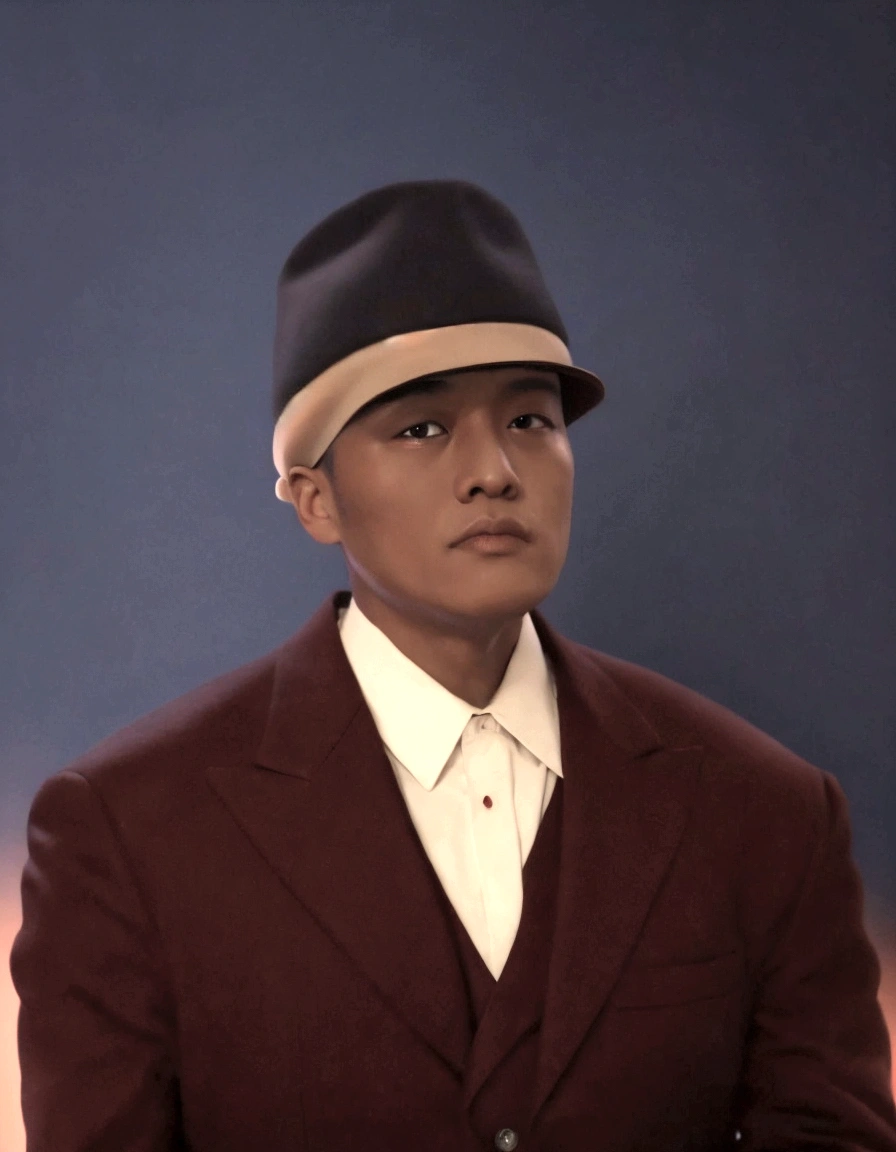 A man old suit dark red hat black, high detailed, very detail, photography