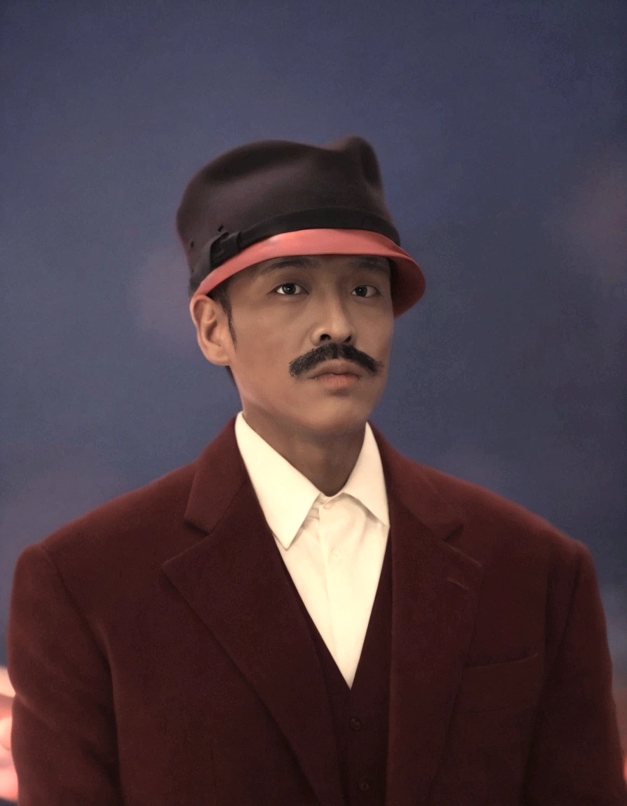 A man old suit dark red hat black, high detailed, very detail, photography