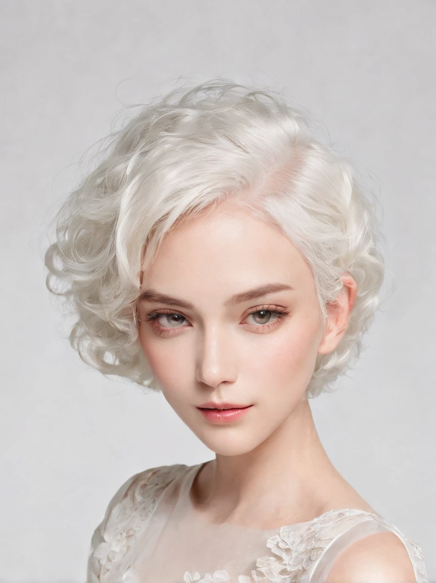 ((High quality)), ((Best work)), Beautiful girl, profile with ears visible. Beautiful ear shape. Transparent facial features.  white hair, short hair, natural curly hair, soft smile, fashion model, simple blouse, shoulders up, simple background