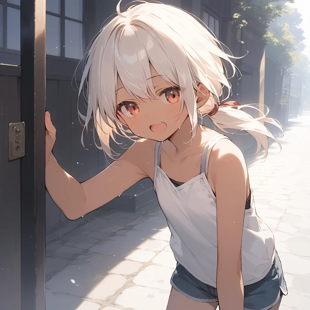 score_9, score_8_up, score_7_up, source_anime, best quality, masterpiece, official art, absurdres, highres, ultra-detailed,waifu2x,Collection: Slice of Life,break,1girl, tomboy, dark-skinned female, short hair, low ponytail, flat chest, beautiful detailed eyes, short shorts, sweat, open mouth, (yawn:0.3), sleepily, outdoors, wind, break,(clear line illustration:1.2),very high resolution, very aesthetic, super detailed skin, Best sexual lighting powered by famous artist, 8k,cute picture,beauty illustration,photoshop_(medium),,(Detailed Lighting),best anime 8k konachan wallpaper, pixiv contest winner,