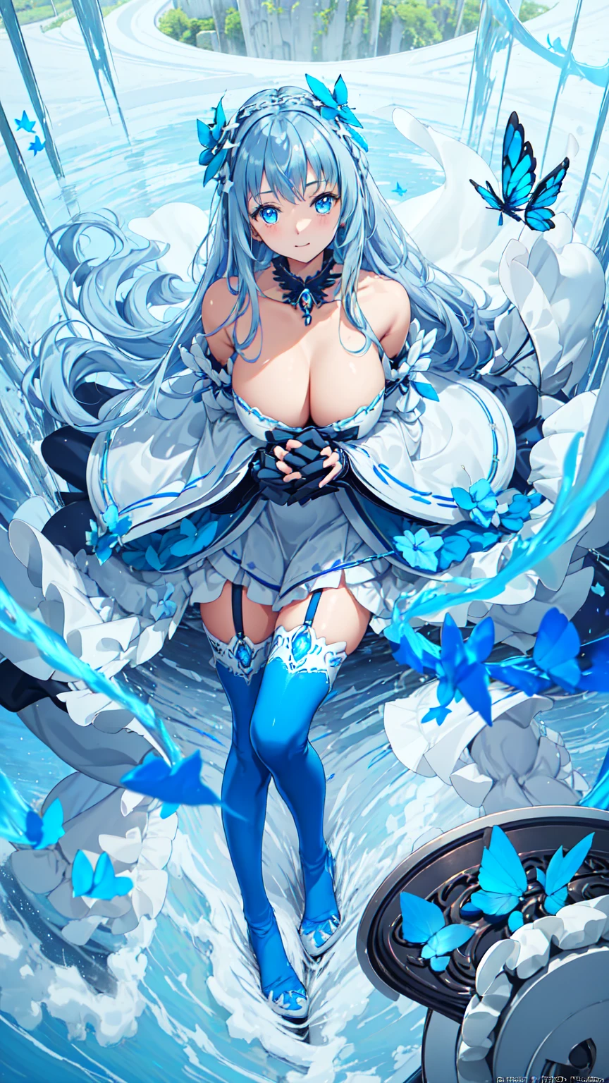 (Top view),Dynamic angle,Extremely detailed, illustration, close up, straight on, 1 Girl, (fantasy:1.4), (Blue eyes:1.233),Her eyes shone like Dreamy stars,(Glowing eyes:1.233),(Beautiful and delicate eyes:1.1),(Silver Hair:1.14),(messy hair,Very long hair,French Braid,Hair between the eyes,Side lock), (+(Blue hair flowers:1.14)),(Chiffon Dress,Blue flower pattern)/=(Uniform:1.24),(Separate sleeves,Wide sleeves),(Fingerless gloves),Necklace,(miko knee-high socks),high-heel boots,(Poker face,Shut up),(permanent), (Classical princess boudoir with dressing table and French windows in a white old palace),(White flowers,bloom),(deep sea),(flowing water),(a dull blue world tree:1.14),(ruins),(night:1.2),Dreamy,soul,(Fluorescence),(Flying translucent blue butterfly:1.15), [[Slender fingers and hands:0.55]::0.85],(Detail fingers),(yubao:0.5),