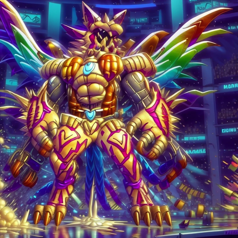 (masterpiece. official art. 8k. best quality. detailed full body. full body.)

(situation 1 : dominating The Phoenix Wolf. The Phoenix Wolf is over 1000 meters long. focus GIANT mechanical Muscular The Phoenix Wolf is trampling the car. Looking down.)

(situation 2 :smoke and flames rising from the destruction in the city)

(Additional details 1: Wearing GOLDEN Armor. Cape. Helmet. real texture material. whole body shines like metal. emphasizes the muscles. suit fully made of metal.Robotic suit).

(Additional details 1.5: The arms are golden. The lower half of the body is golden. The wolf-shaped helmet has sharp fangs. The whole body is golden.).

(Additional details 2: Detailed head. Detailed Body. Detailed abs. gigantic muscles. HYPER MUSCLES. Gigachad Muscular. big muscle. pecs. triceps. traps. unusually developed muscular body. body full of huge muscles. showing off muscles. pectorales enormes. Exaggeratedly huge muscles. huge muscles. long legs.).

(Additional details 3: nj5furry, Spread wings. It has wings. The claws are sharp. Sharp teeth.). He is laughing defiantly. The claws are sharp. Sharp teeth.). He is laughing defiantly. 

(Additional details 4: golden dick, golden cock, golden hyper penis. hyper black penis. big penis)
(Additional details 6 : Spraying hyper cum up everywhere into the sky from his erect penis. wide spray of cum, covered in cum, cum splashing in front of camera, crowd of naked muscular male spectators, bukkake, City is under a thick later of cum.)