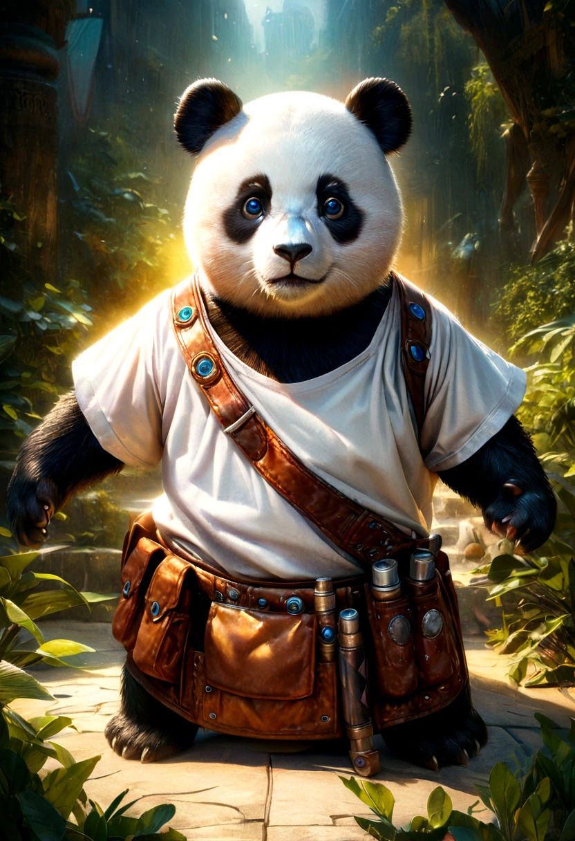 1 panda, panda with blue spots, wearing toolbelt, big eyes, white t-shirt with "Daddo" text, realistic, detailed, 8k, high quality, intricate details, digital art, photorealistic, hyper detailed, cinematic lighting, vibrant colors, cute, adorable, whimsical, fantasy