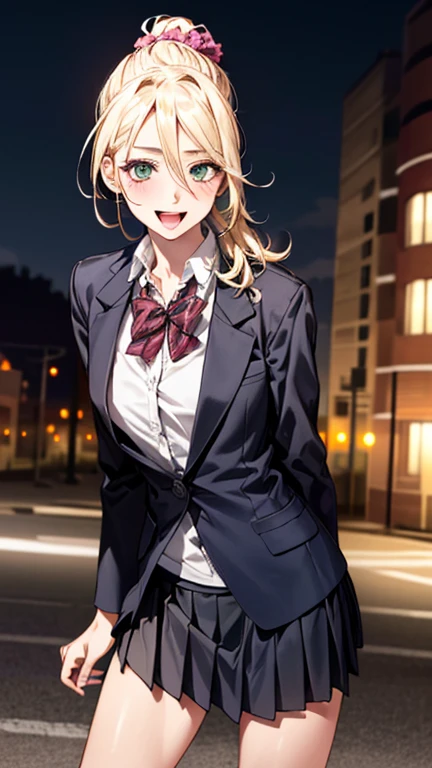 ((Perfect Anatomy:1.2,Realistic:1.3,RAW Photos:1.3,masterpiece、highest quality、Ultra - High resolution、High resolution、Highly detailed CG、8k)),Cowboy Shot,Shooting from below. 1 female,alone,18-year-old、high school girl,beautiful girl,Japanese,((Beautiful and graceful face and eyes:1.2,Big beautiful eyes:1.3,)),blonde,Twin tails,(Center parted hair:1.4,amount),Small Head:1.3,thin,((Dark brown skin:1.4)),(Oily skin,Glowing Skin,Shiny skin),(Provocative smile),(school uniform、Dark blue blazer jacket、Checkered pleated mini skirt),((Roll up your skirt)).,((Show viewers white panties)),Are standing. The background is a dirty back alley,((night)),((dark)),Tokyo.