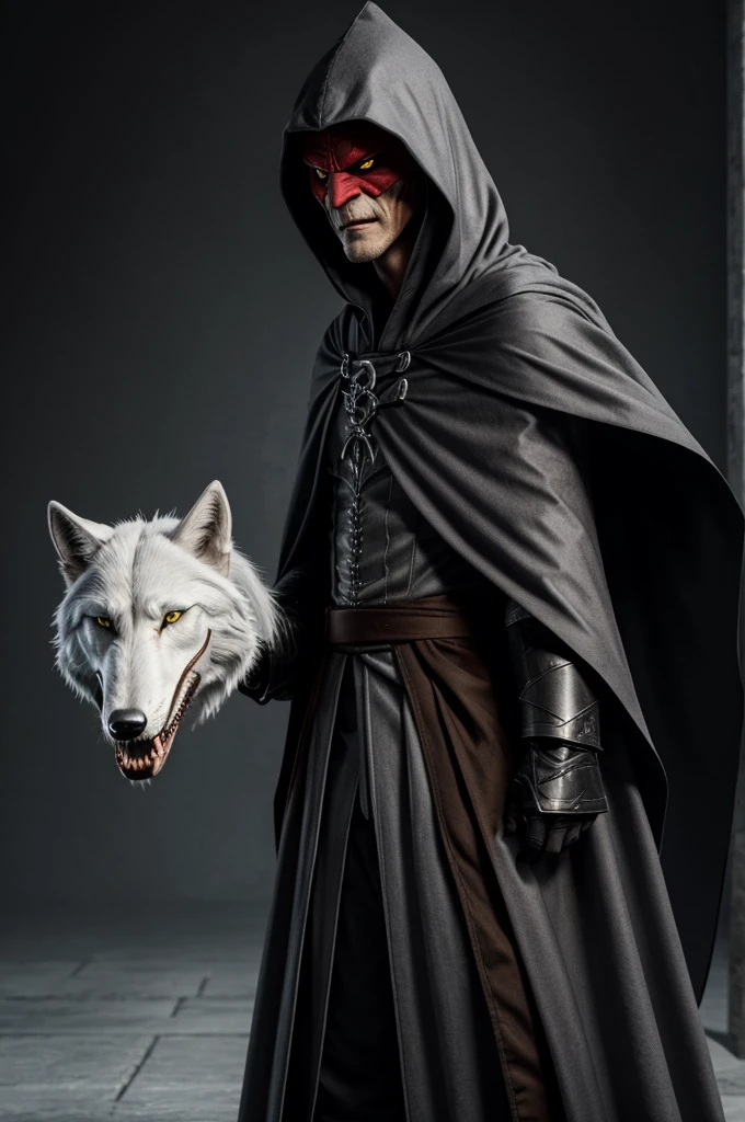 anthropomorphic, silvery-white wolf with an elongated snout, gray mask-like markings on his face, sharp teeth, and glaring sinister red eyes. He wears a black cloak with a built-in hood, and brown trousers under the cloak. Don't make it humanoid
