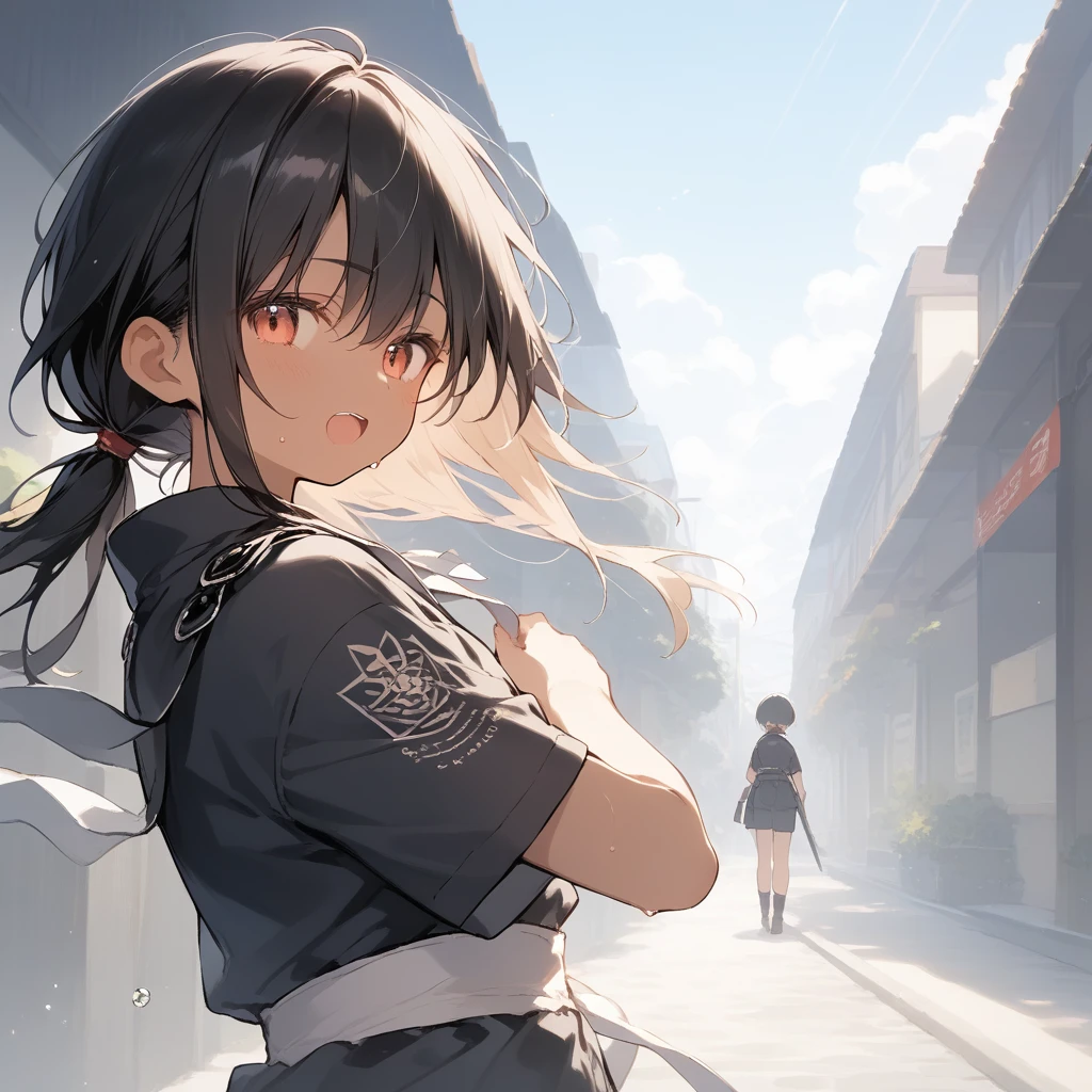 score_9, score_8_up, score_7_up, source_anime, best quality, masterpiece, official art, absurdres, highres, ultra-detailed,waifu2x,Collection: Slice of Life,break,1girl, tomboy, dark-skinned female, short hair, low ponytail, flat chest, beautiful detailed eyes, ninja uniform, sweat, open mouth, (yawn:0.3), sleepily, outdoors, wind, break,(clear line illustration:1.2),very high resolution, very aesthetic, super detailed skin, Best sexual lighting powered by famous artist, 8k,cute picture,beauty illustration,photoshop_(medium),,(Detailed Lighting),best anime 8k konachan wallpaper, pixiv contest winner,