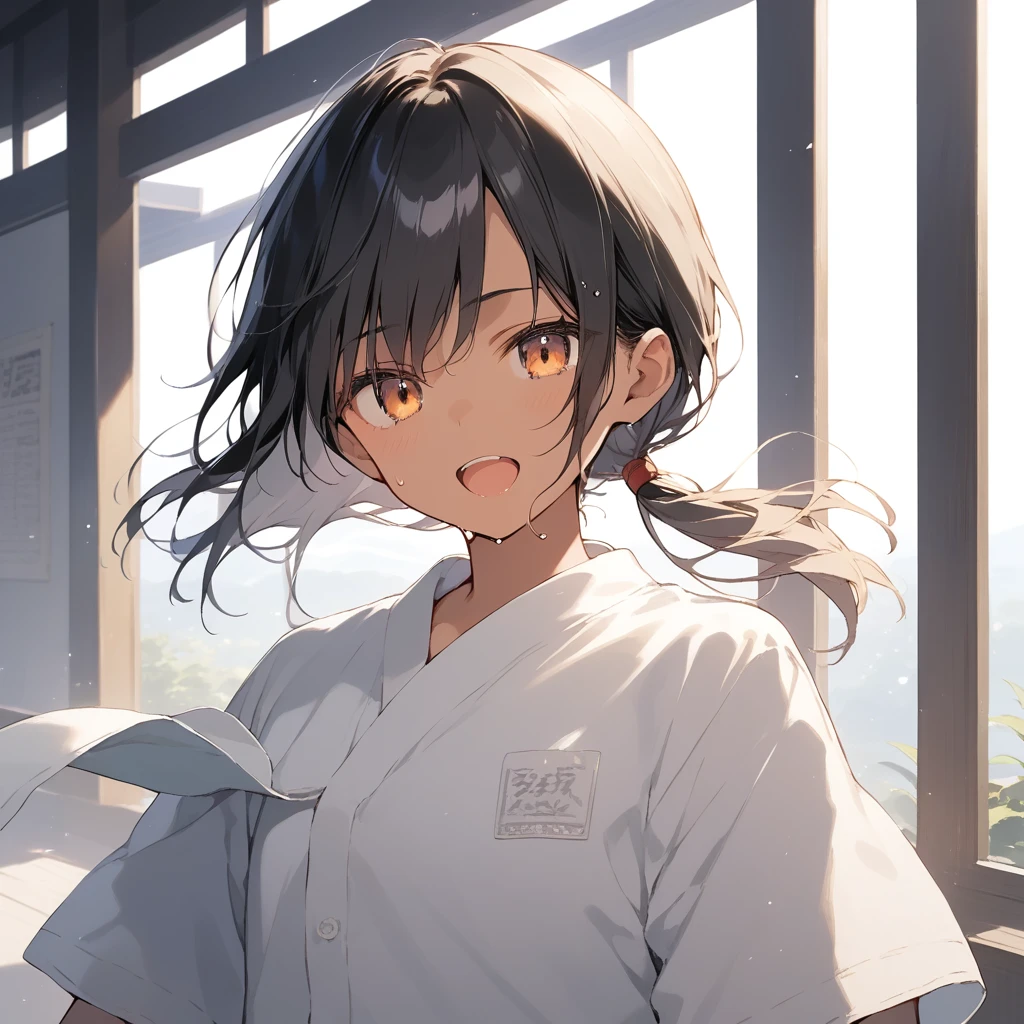 score_9, score_8_up, score_7_up, source_anime, best quality, masterpiece, official art, absurdres, highres, ultra-detailed,waifu2x,Collection: Slice of Life,break,1girl, tomboy, dark-skinned female, short hair, low ponytail, flat chest, beautiful detailed eyes, ninja uniform, sweat, open mouth, (yawn:0.3), sleepily, outdoors, wind, break,(clear line illustration:1.2),very high resolution, very aesthetic, super detailed skin, Best sexual lighting powered by famous artist, 8k,cute picture,beauty illustration,photoshop_(medium),,(Detailed Lighting),best anime 8k konachan wallpaper, pixiv contest winner, 