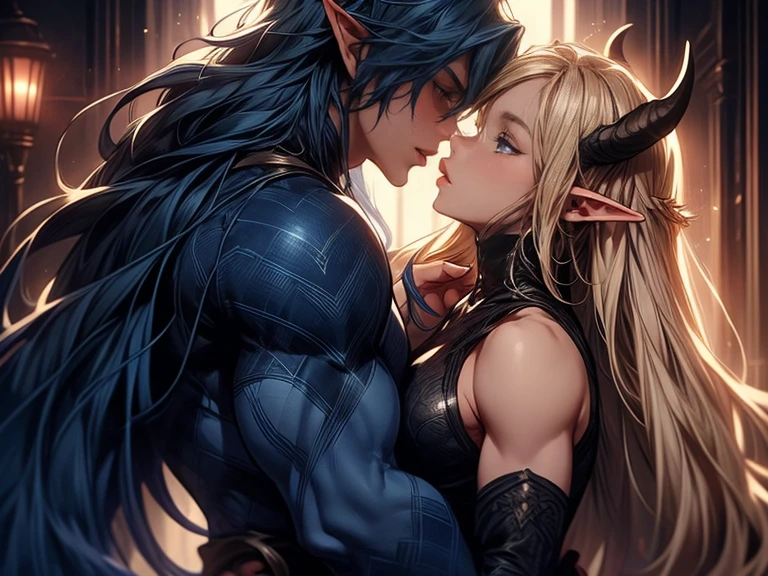 (female blonde elf and male dark blue haired elf) (male elf with big muscles and long dark blue hair) a tall long haired male elf with dark blue long hair and big muscles and demon horns kisses a female blonde elf, tongue kiss, lovers, intense kiss 