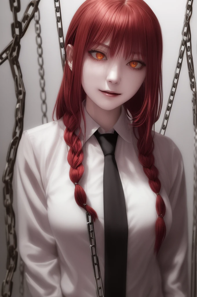 flux_makima, woman, red hair, single braid, sidelocks, yellow eyes, ringed eyes, collared shirt, white shirt, black necktie, black pants, I'm tied up with a rope, arms behind back, gagged ,lie down,