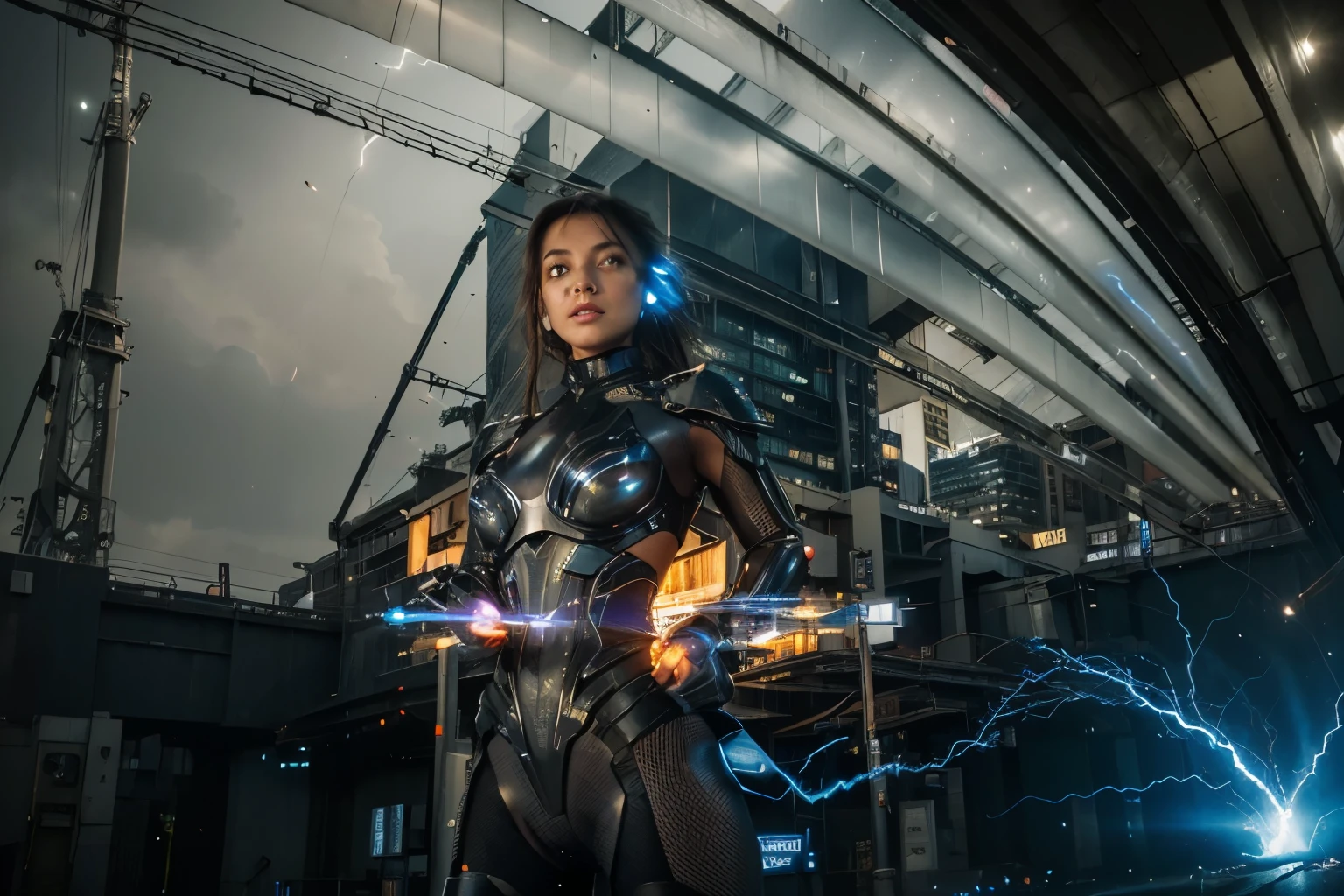 (Best quality, 8k, 32k, Masterpiece, UHD:1.2), "Transform the scene to a high-tech, futuristic cityscape where a powerful character stands at the center, emitting lightning, energy, and power. Picture a night filled with towering skyscrapers adorned with neon lights and holographic billboards. The sky glows with the electric hues of a bustling, advanced metropolis.

In the middle of this urban environment, the character stands as a beacon of raw energy. Bolts of lightning crackle and dance around her, illuminating her figure with flashes of blue and white light. Her eyes glow with an intense, otherworldly light, reflecting her immense power. Energy pulses from her body in waves, distorting the air and causing nearby electronic devices to flicker and spark.

The ground beneath her feet is scorched and cracked, showing the sheer intensity of her power. Surrounding buildings and vehicles vibrate slightly, affected by the energy she exudes. The atmosphere is charged, with the scent of ozone filling the air and the distant sound of electricity buzzing.

Capture the dynamic interplay of light and shadow as the energy she emits illuminates the scene. Highlight the contrast between the advanced, technological setting and the raw, elemental power of the character, creating a sense of awe and tension."