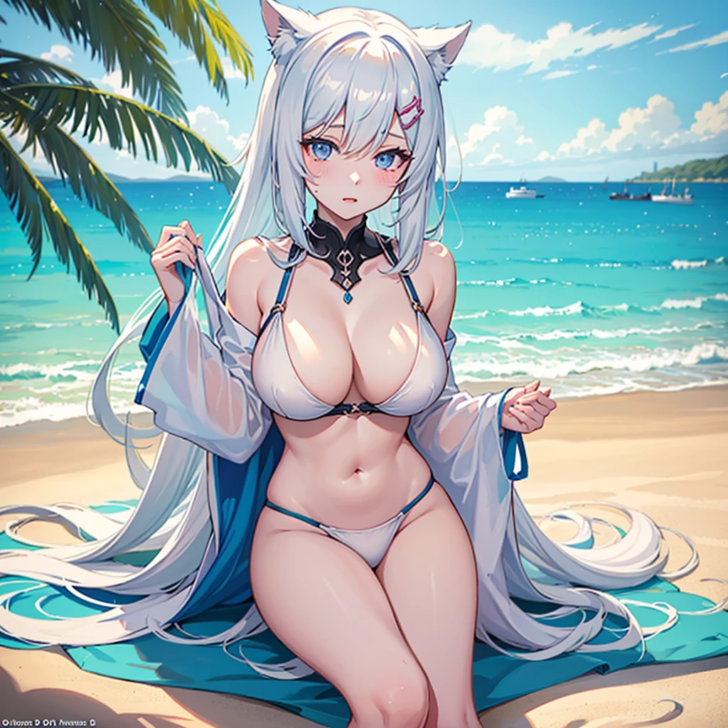 Três lindas mulheres de pele clara em biquínis posam para uma foto de grupo at beach, seductive anime girls, beautiful and seductive anime woman, Guviz-style artwork, perfect white haired girl, Guviz, cute anime girl, ross tran. Background of the scene, at beach, Beautiful Anime Woman, trends on artstation pixiv, 极其详细的Artgerm, Beautiful anime beauty,Extra large breasts,blush,perfect body slim curves,8K romantic art photos