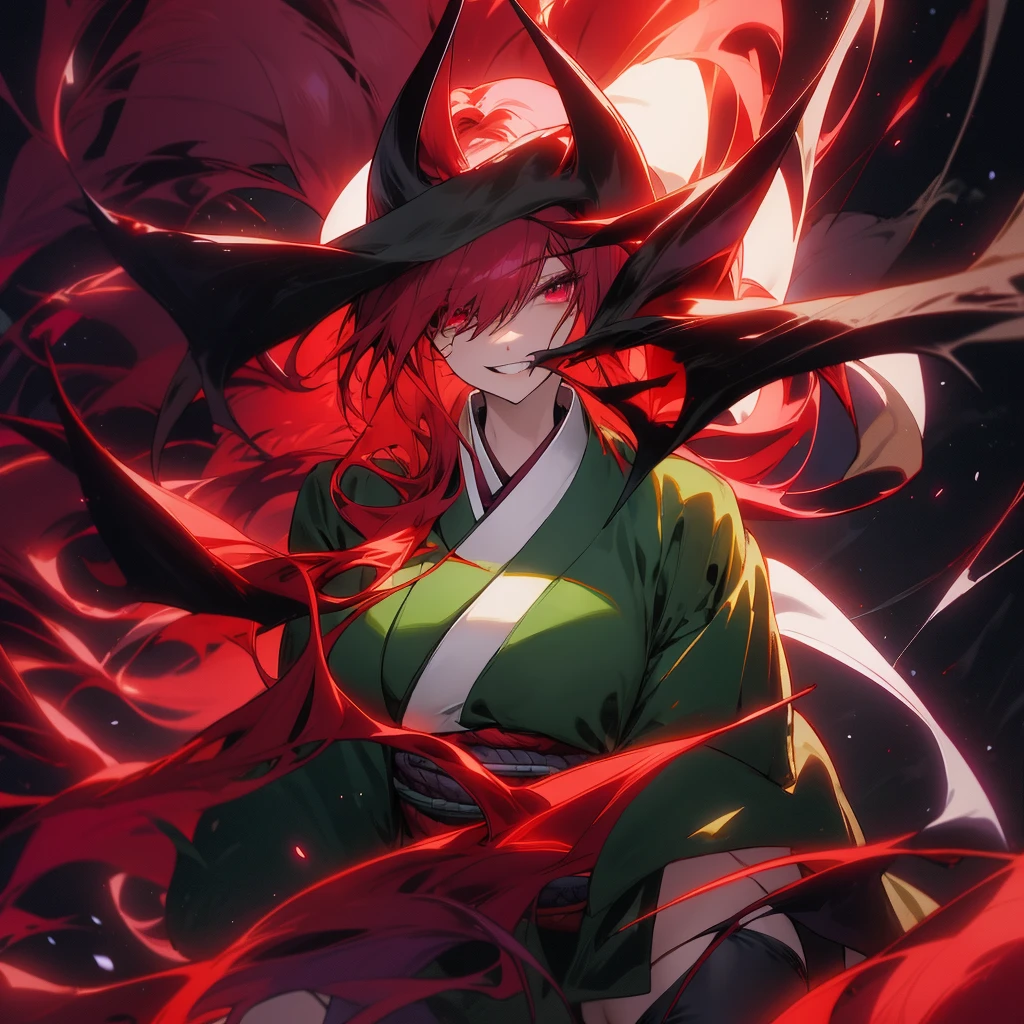 Female anime character, long red hair, plum eyes, with a dark glow, she wears a dark green short kimono and thigh-high stockings