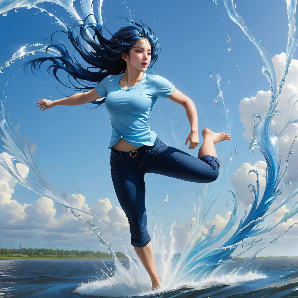 A dynamic scene of a young woman with long, flowing blue hair tied back, wearing a light blue shirt and dark blue rolled-up pants, performing a high kick against a massive water tornado. The water tornado, with a spiraling structure, is bursting and splashing dramatically upon impact with her foot. The setting is an open area with a clear blue sky and some clouds in the background. The sunlight reflects off the water droplets, creating a sparkling effect. The overall scene conveys a sense of strength, action, and fluidity. hyper realistic photo, vibrant color, 16k