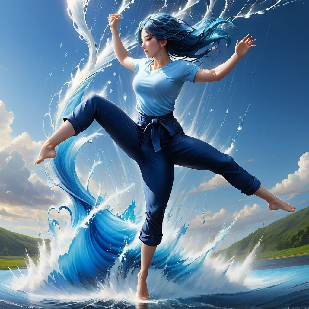 A dynamic scene of a young woman with long, flowing blue hair tied back, wearing a light blue shirt and dark blue rolled-up pants, performing a high kick against a massive water tornado. The water tornado, with a spiraling structure, is bursting and splashing dramatically upon impact with her foot. The setting is an open area with a clear blue sky and some clouds in the background. The sunlight reflects off the water droplets, creating a sparkling effect. The overall scene conveys a sense of strength, action, and fluidity. hyper realistic photo, vibrant color, 16k