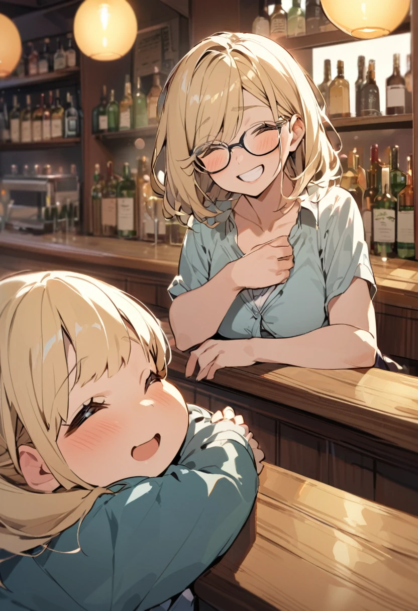 Relatively young woman,blond hair,glasses,happy,a little chubby,gentle, recently divorced,in a bar