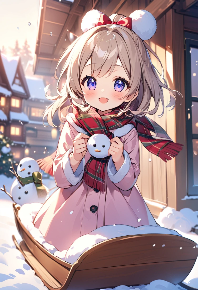 Highest quality、High resolution、Detailed Background、Beautiful face in every detail、age beauty、cuteカラーの髪色、ponytail、Bobcut、cute髪型、cute仕草、A big smile、smile、
Snowman hats, scarves and other accessories、A girl is playing on a sled in the snow、少女がsmileでソリに座り、She looks adorable as she glides happily with her hair blowing in the wind and snow falling.、The falling snowflakes are adorable.、cute