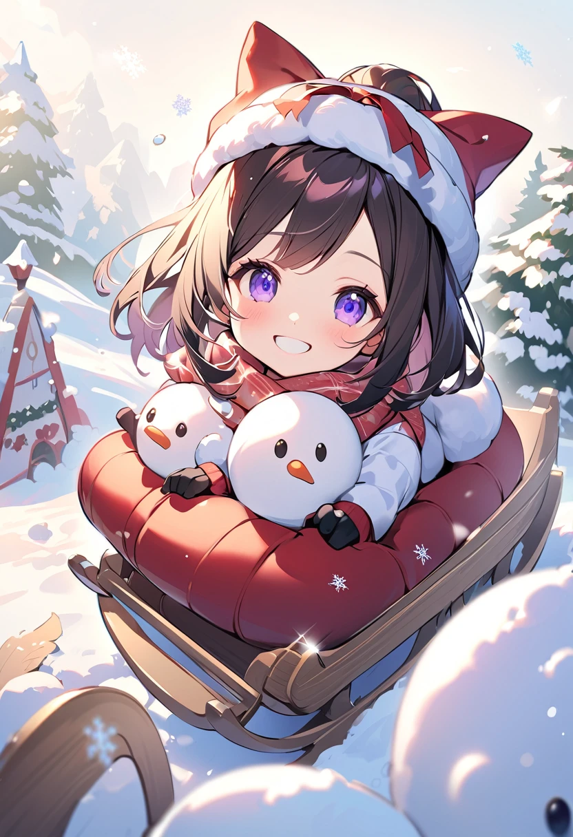 Highest quality、High resolution、Detailed Background、Beautiful face in every detail、Teenage beauty、cuteカラーの髪色、ponytail、Bobcut、cute髪型、cute仕草、A big smile、smile、
Snowman hats, scarves and other accessories、A girl is playing on a sled in the snow、少女がsmileでソリに座り、She looks adorable as she glides happily with her hair blowing in the wind and snow falling.、The falling snowflakes are adorable.、cute