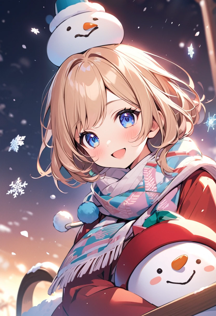 Highest quality、High resolution、Detailed Background、Beautiful face in every detail、Teenage beauty、cuteカラーの髪色、ponytail、Bobcut、cute髪型、cute仕草、A big smile、smile、
Snowman hats, scarves and other accessories、A girl is playing on a sled in the snow、少女がsmileでソリに座り、She looks adorable as she glides happily with her hair blowing in the wind and snow falling.、The falling snowflakes are adorable.、cute