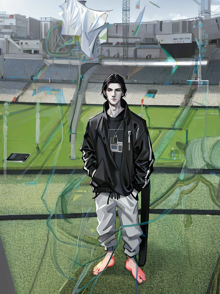 Tall man, pale skin, long straight black hair, black clothes, attractive face, blacksweatshirt coat, black pants, talking on a cell phone, on a cell phone call, standing