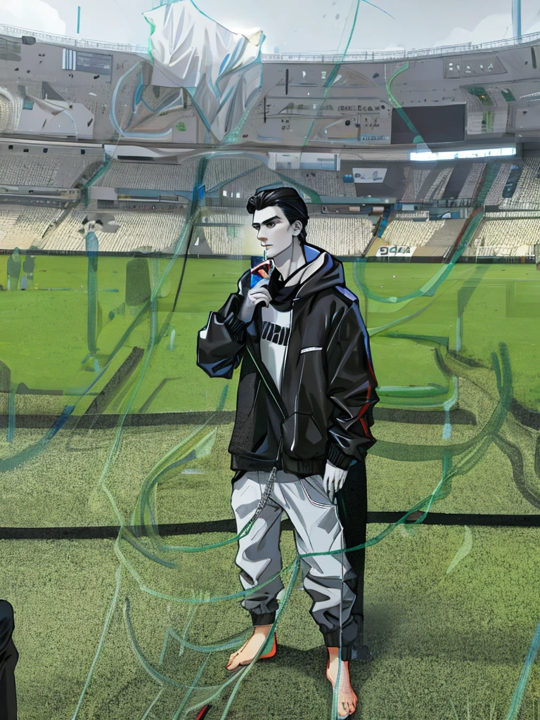 Tall man, pale skin, long straight black hair, black clothes, attractive face, blacksweatshirt coat, black pants, talking on a cell phone, on a cell phone call, standing