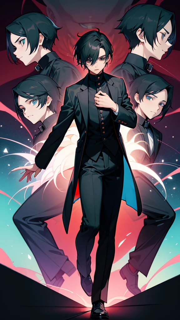 timochal2023, 1 men, in doubt, Bblack hair, o Matrix, anime clothes,the eyes, Nerd,fully body, brawny, the 4 images with the same clothes plus different poses