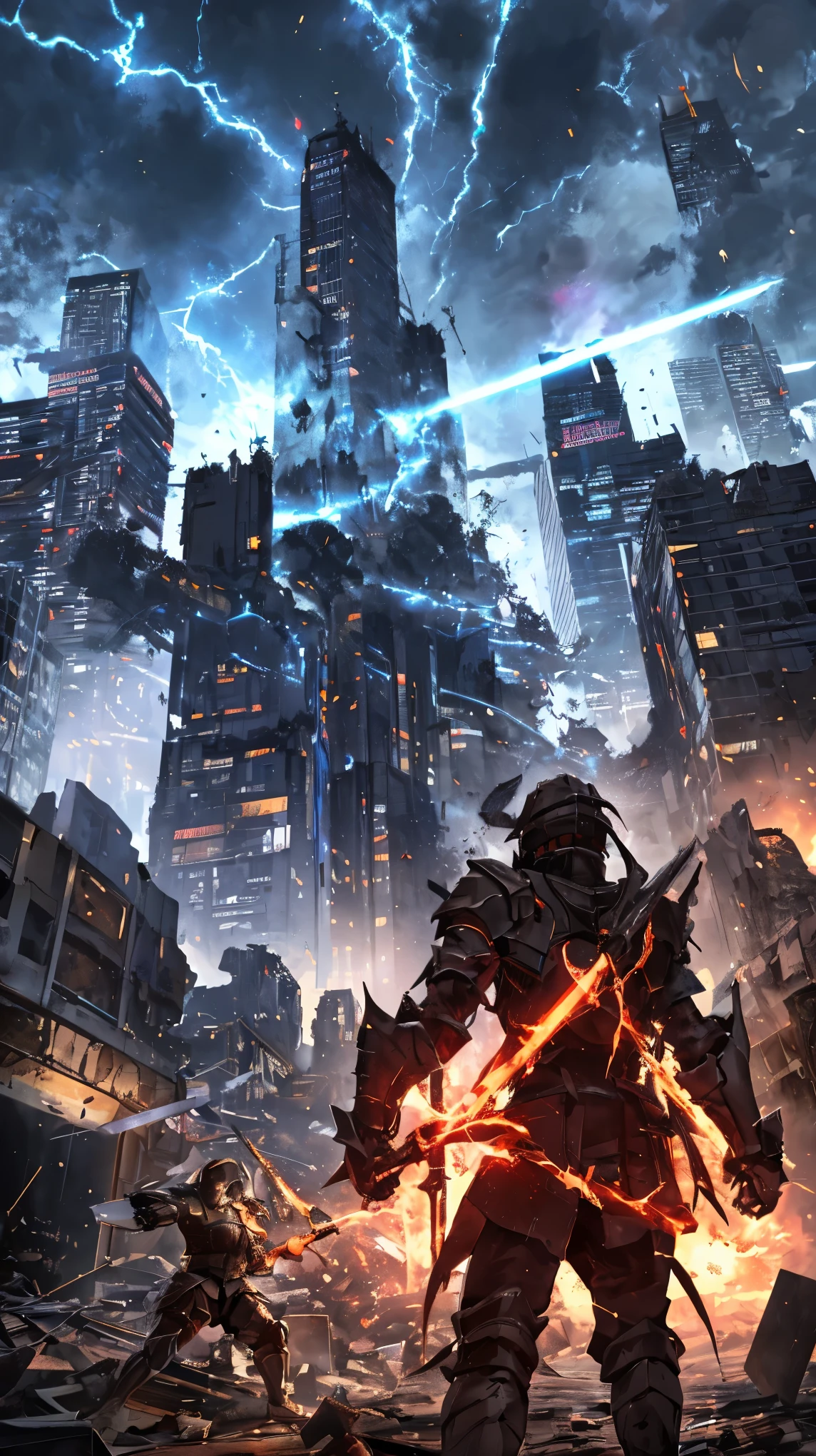 "An anime-style epic fight scene between two warriors in a futuristic cityscape at night. One warrior, clad in sleek, silver armor, wields a glowing blue sword. The other, dressed in dark, tattered robes, commands swirling red energy. Neon lights from towering skyscrapers illuminate the battlefield, casting dramatic shadows. Sparks fly as their weapons clash, and debris from destroyed buildings surrounds them. The sky above is stormy, with lightning adding to the intensity of the battle."