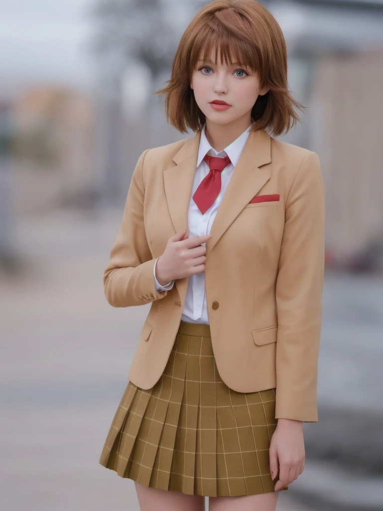 1 girl, glossy lips, glossy body, short hair, red lipstick, blue hair, golden hair, two-tone hair, red eyeshadow, spiked hair, blazer uniform, flared skirt, pink blush, sparkling eyes, high school girl, glossy hair, tall, beautiful legs, sailor uniform, blouse, shorts
