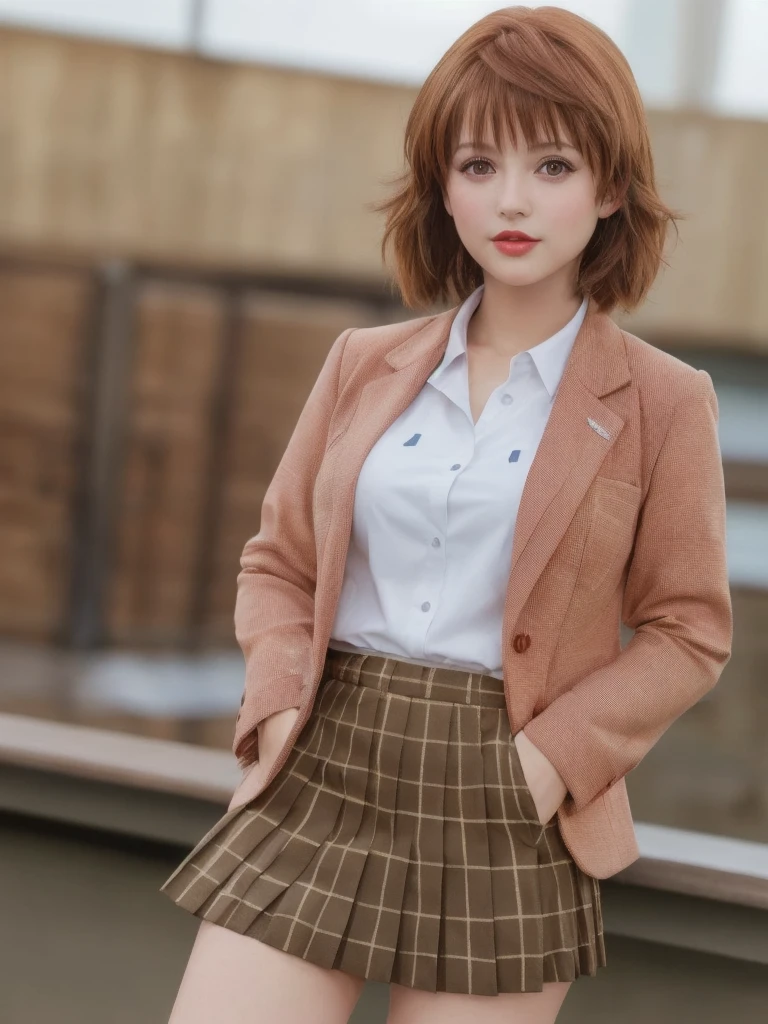 1 girl, glossy lips, glossy body, short hair, red lipstick, blue hair, golden hair, two-tone hair, red eyeshadow, spiked hair, blazer uniform, flared skirt, pink blush, sparkling eyes, high school girl, glossy hair, tall, beautiful legs, sailor uniform, blouse, shorts