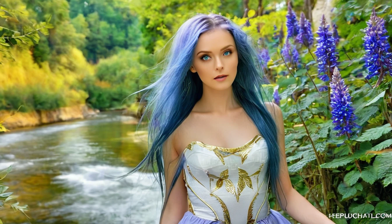 hdr digital image, 8k, most beautiful image in the world, high walls, ivory white walls with gold, a large and deep river, surrounded by tall trees, colorful flowers, a golden tower in the background, a beautiful young Ukrainian woman, blue eyes, 30s, cute, long purple hair, near the river

Spectacular video and music