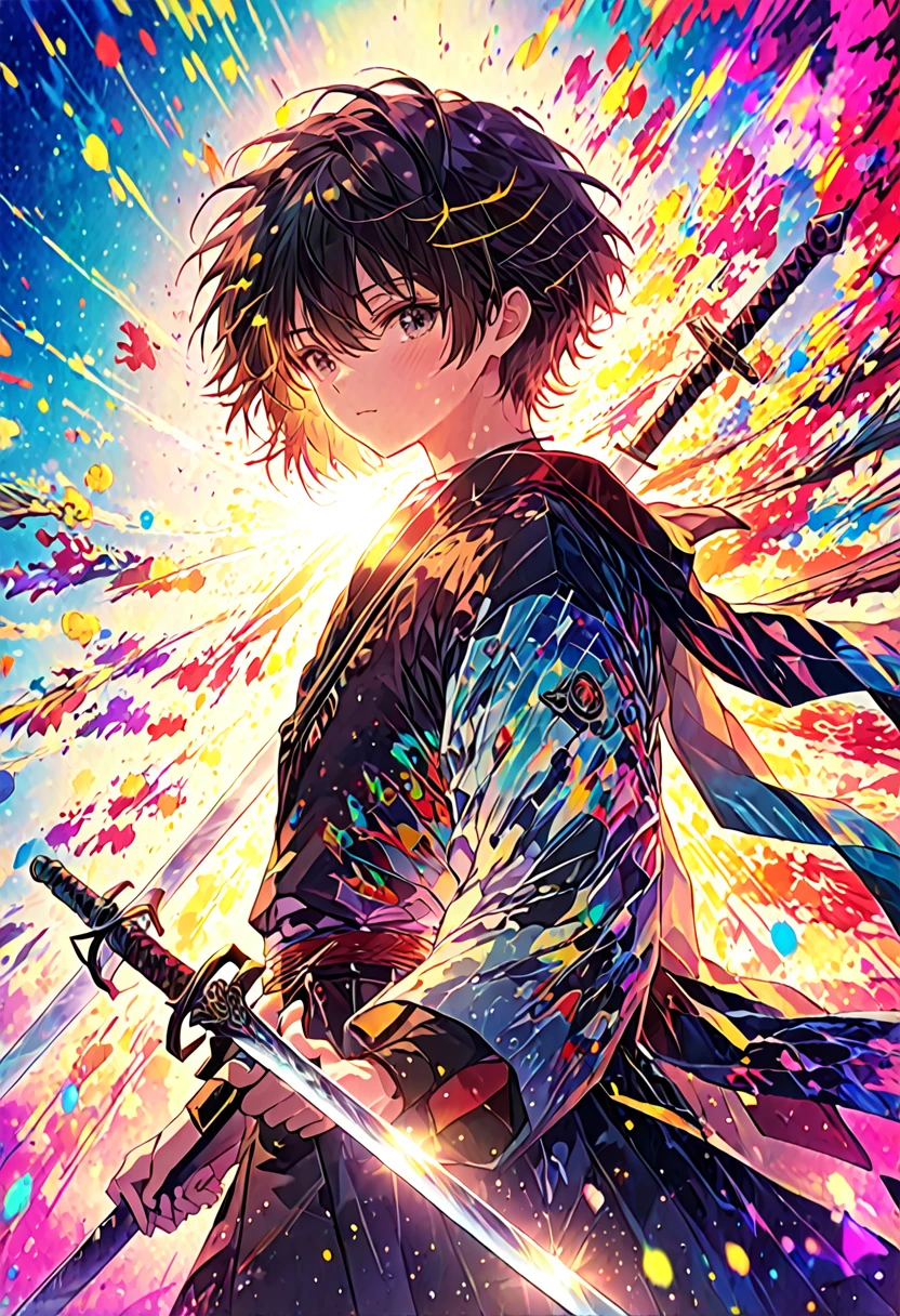 Close-up of a person holding a sword in front of a colorful background, anime art wallpaper 4k, anime art wallpaper 4k, Super colorful, anime abstract art, Dreamy psychedelic anime, Detailed anime art, Anime Style 4k, Anime Art Wallpapers 8K, Detailed digital anime art, Complex and gorgeous anime CGI style, Anime style digital art, by Yuumei