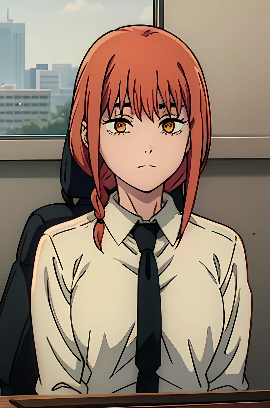 EFT_Makima, sitting, desk, office, closed mouth, squinted eyes, looking at viewer, ringed eyes, black necktie, shirt, yellow eyes, braid, red hair, collared shirt, white shirt, braided ponytail, bangs, sidelocks