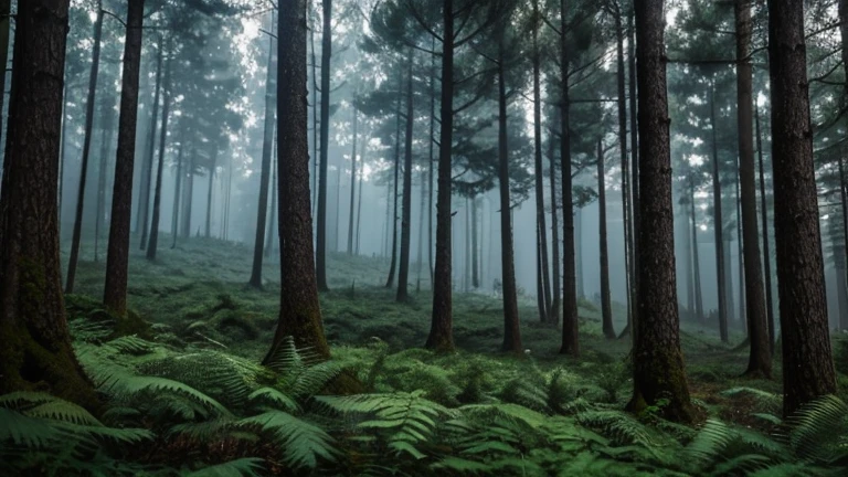 a mysterious forest full of trees and vegetation. High 8K image quality . Among the trees a mysterious dark human figure. 