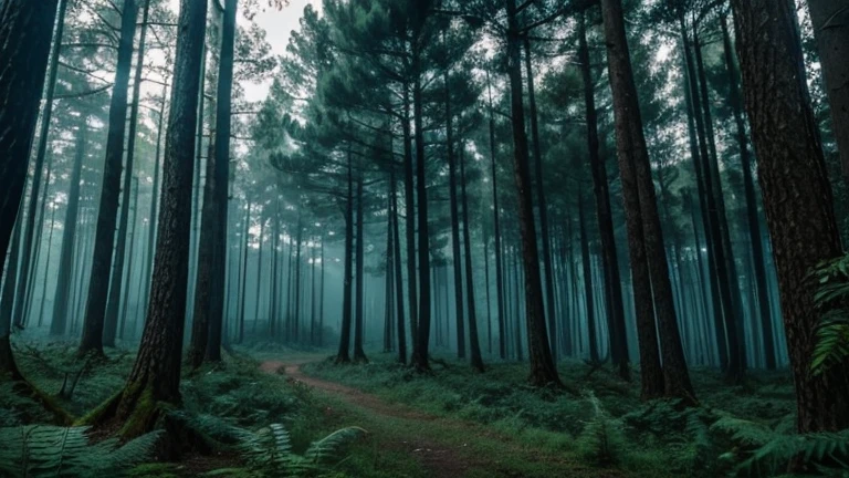 a mysterious forest full of trees and vegetation. High 8K image quality . Among the trees a mysterious dark human figure.
