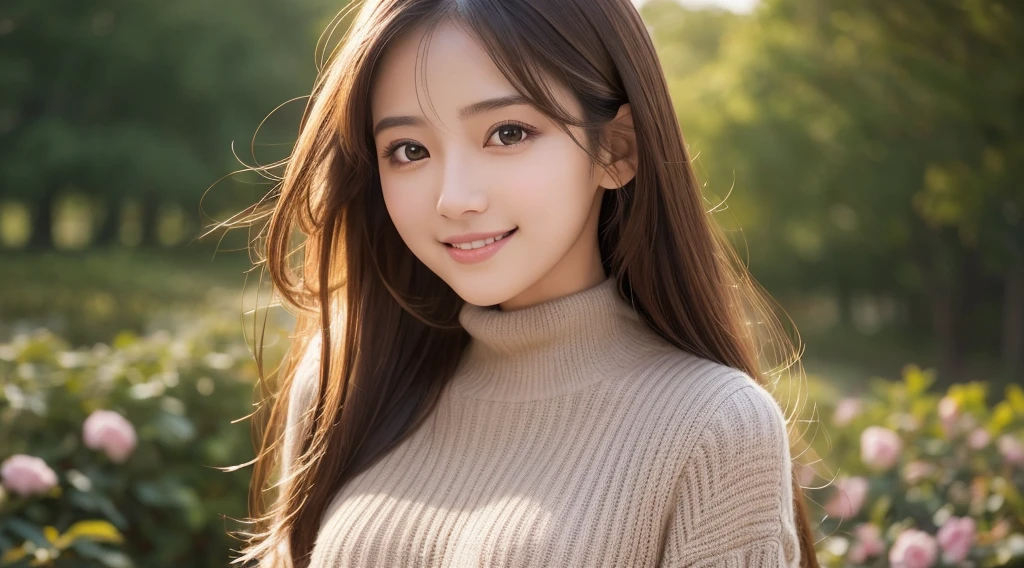 masutepiece, Best Quality, Illustration, Ultra-detailed, finely detail, hight resolution, 8K Wallpaper, Perfect dynamic composition, Beautiful detailed eyes, Mocha long sleeve knit dress,Straight hair,Small breasts natural color lip, Randomly sexy poses,Smile、20 years girl、Cute、Sexy shot looking at camera,Perfect and beautiful face