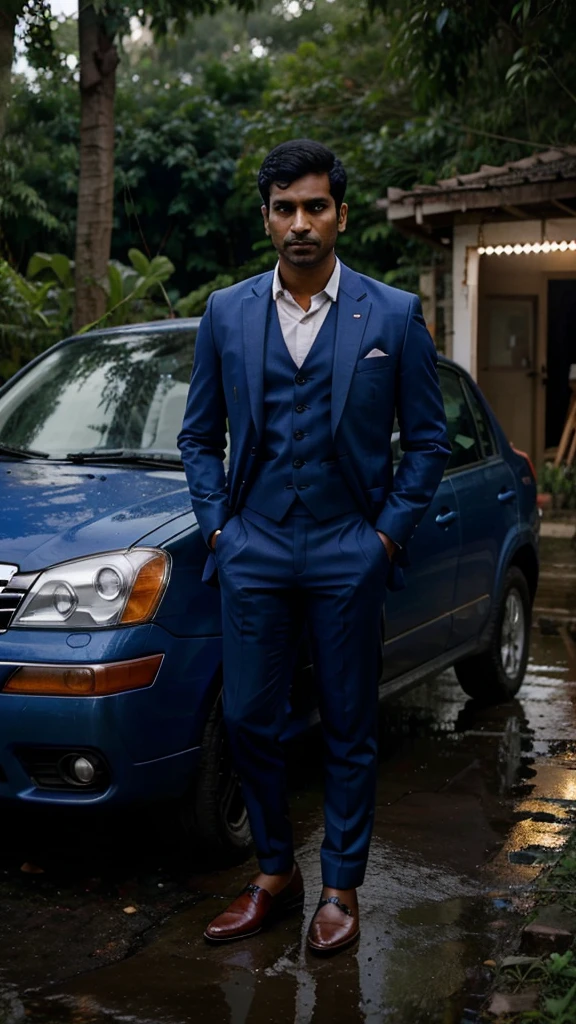 Indian man Rahul 28 years old wearing blue suit black shoes his repaing his car a  through nigh dark heavy rain dence forest 