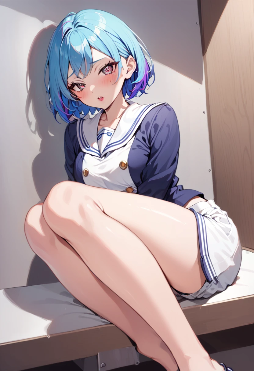 1 girl, glossy lips, glossy body, short hair, red lipstick, blue hair, golden hair, two-tone hair, red eyeshadow, spiked hair, blazer uniform, flared skirt, pink blush, sparkling eyes, high school girl, glossy hair, tall, beautiful legs, sailor uniform, blouse, shorts